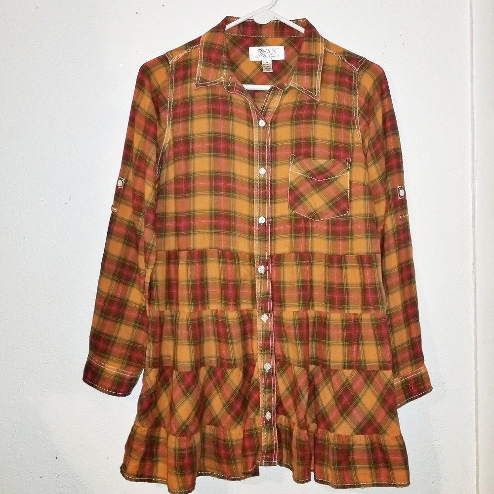 Ryan Michael Plaid Button-Up Tiered Tunic Top
